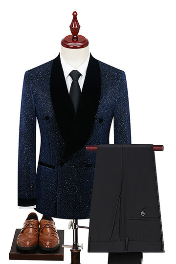 Sparkly Navy Shawl Lapel 2 Pieces Slim Fit Men Formal Suits